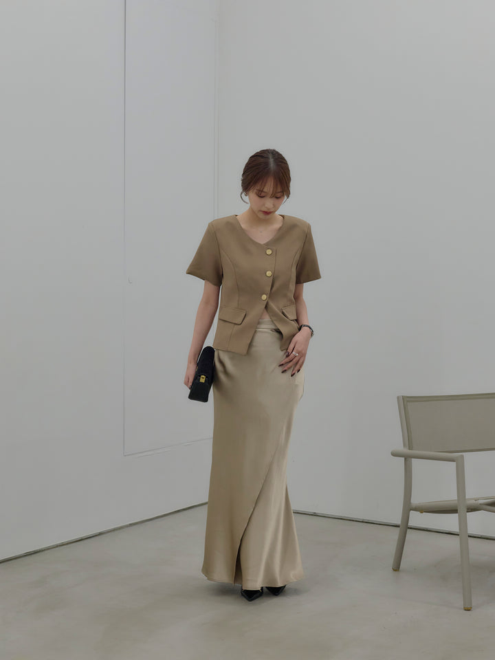 【SET】ゴールドボタンハーフスリーブジャケット+【Essential】Wrap design satin mermaid skirt(2set)