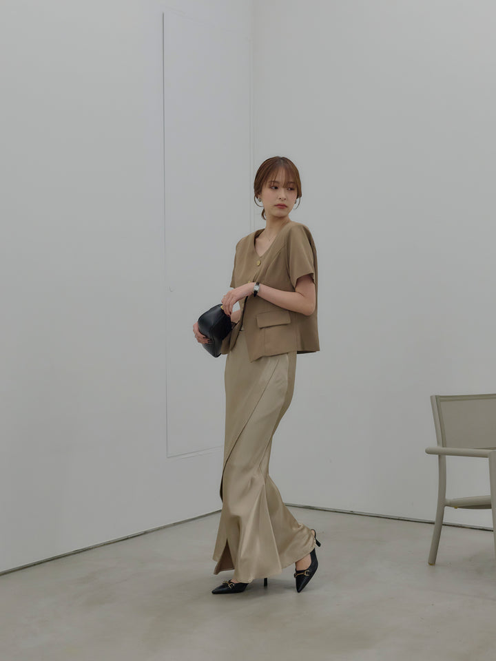【SET】ゴールドボタンハーフスリーブジャケット+【Essential】Wrap design satin mermaid skirt(2set)