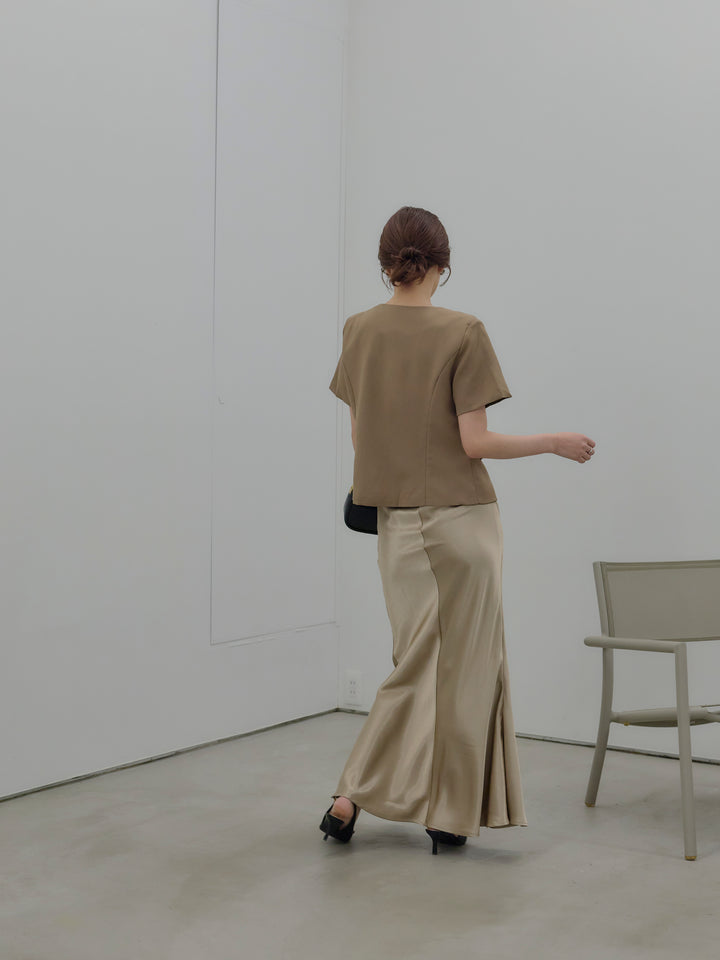 【SET】ゴールドボタンハーフスリーブジャケット+【Essential】Wrap design satin mermaid skirt(2set)