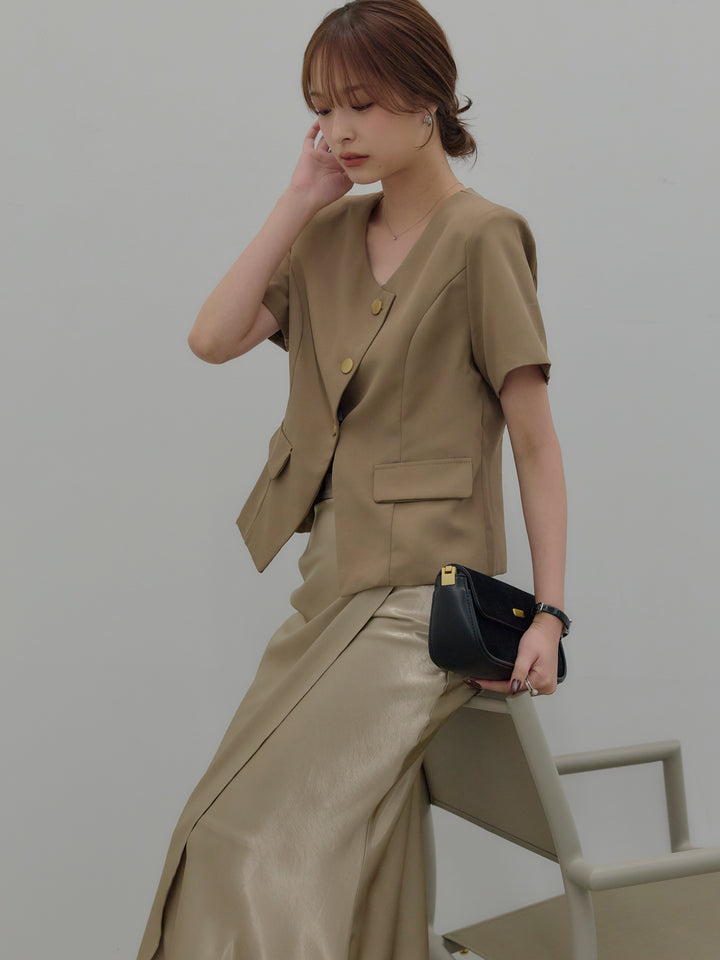 【SET】ゴールドボタンハーフスリーブジャケット+【Essential】Wrap design satin mermaid skirt(2set)