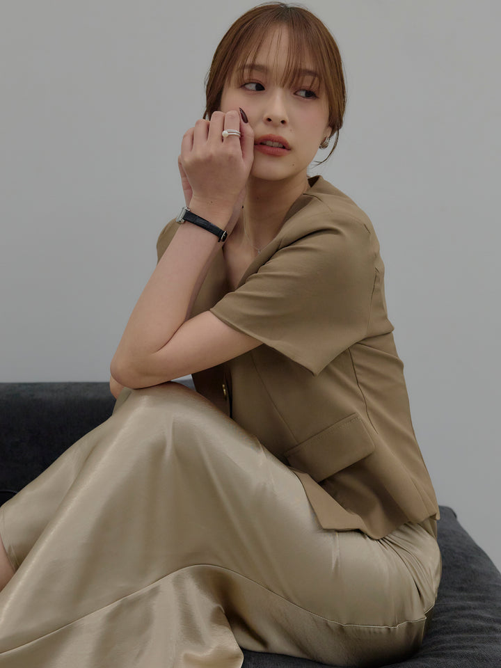 【SET】ゴールドボタンハーフスリーブジャケット+【Essential】Wrap design satin mermaid skirt(2set)