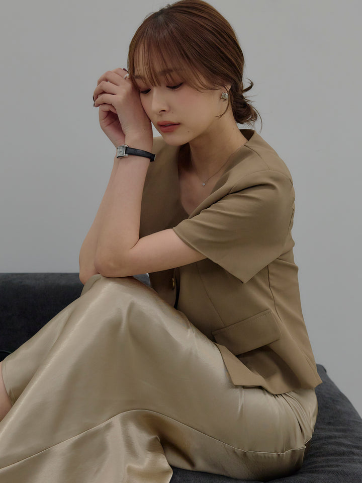 【SET】ゴールドボタンハーフスリーブジャケット+【Essential】Wrap design satin mermaid skirt(2set)