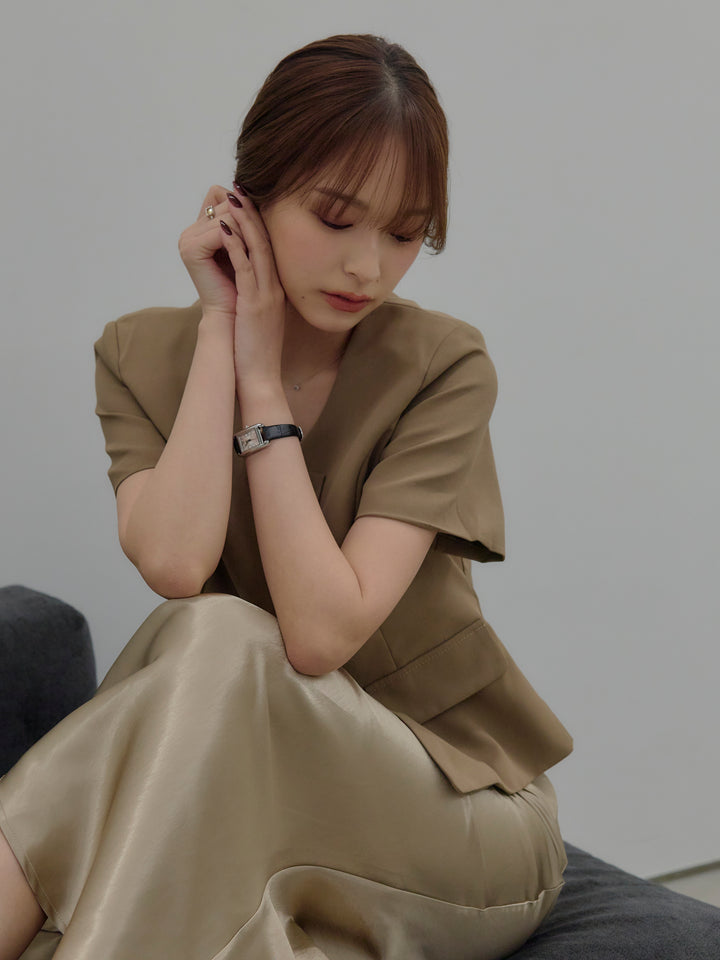 【SET】ゴールドボタンハーフスリーブジャケット+【Essential】Wrap design satin mermaid skirt(2set)