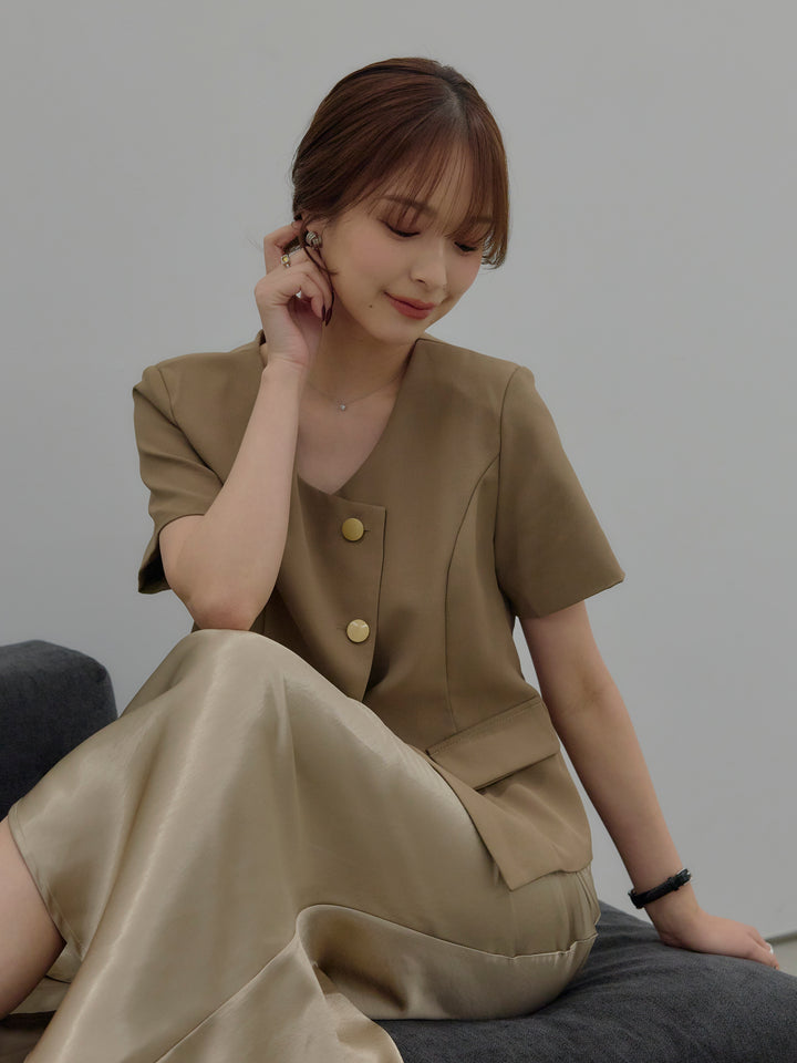 【SET】ゴールドボタンハーフスリーブジャケット+【Essential】Wrap design satin mermaid skirt(2set)