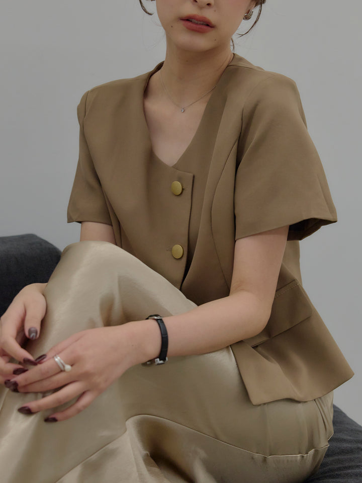 【SET】ゴールドボタンハーフスリーブジャケット+【Essential】Wrap design satin mermaid skirt(2set)