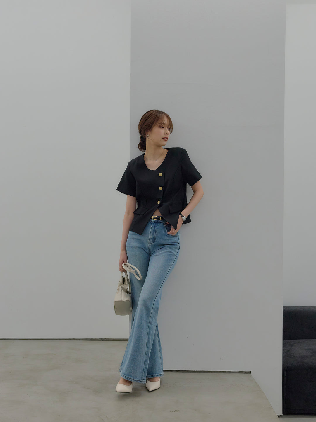 【SET】ゴールドボタンハーフスリーブジャケット+美ラインストレッチフレアデニム(2set)