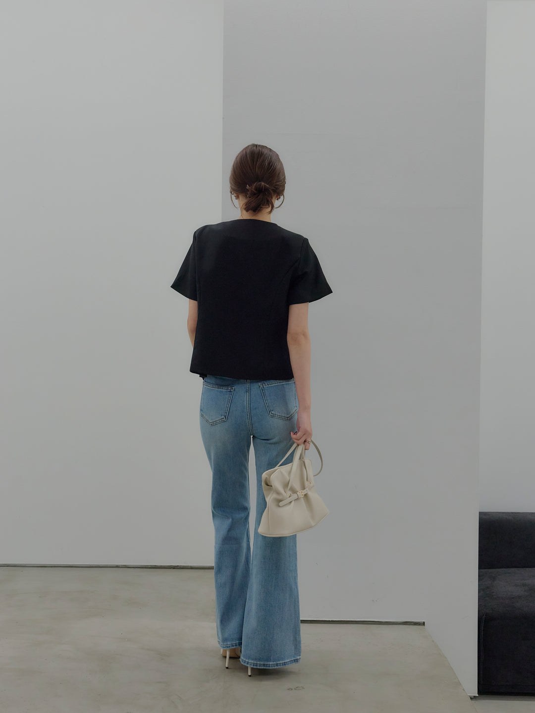 【SET】ゴールドボタンハーフスリーブジャケット+美ラインストレッチフレアデニム(2set)