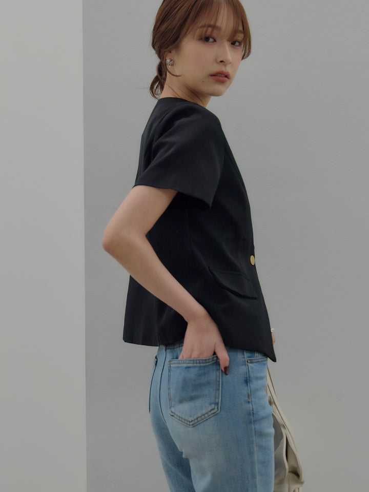 【SET】ゴールドボタンハーフスリーブジャケット+美ラインストレッチフレアデニム(2set)