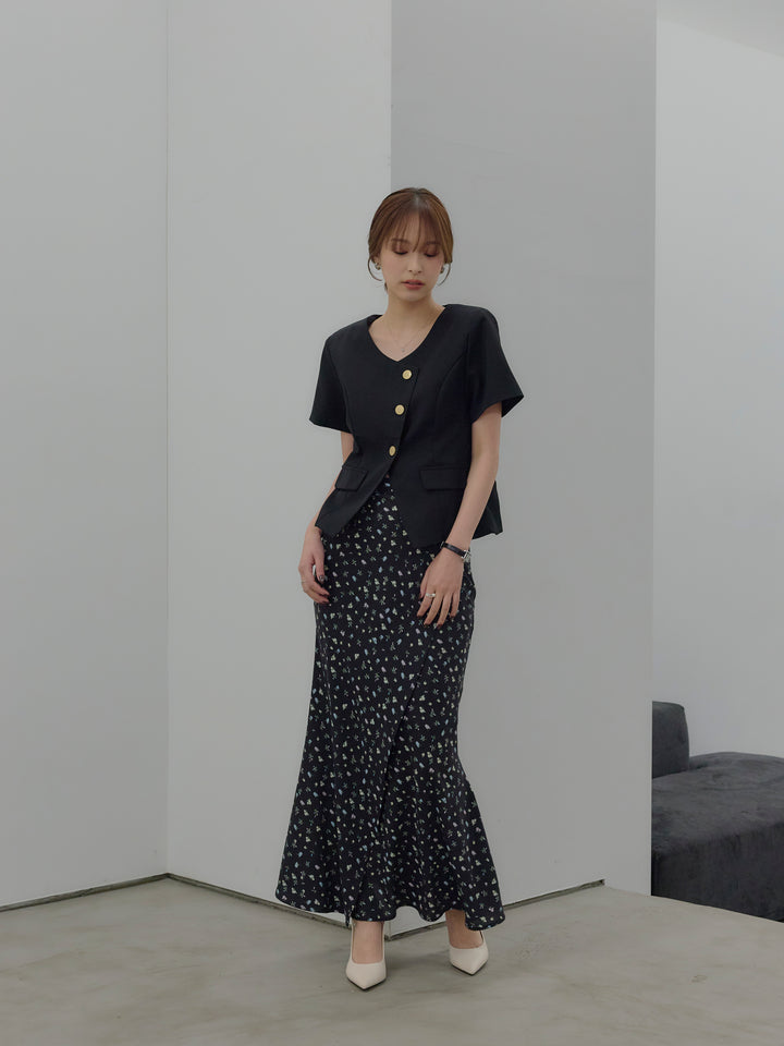 【SET】ゴールドボタンハーフスリーブジャケット+【Essential】Wrap design satin mermaid skirt(2set)