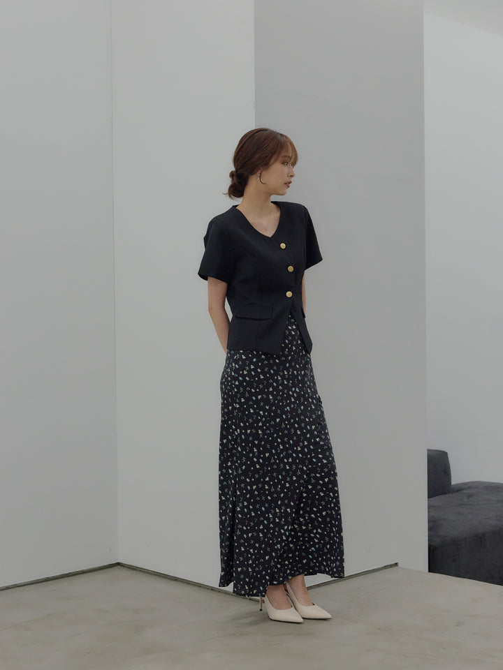 【SET】ゴールドボタンハーフスリーブジャケット+【Essential】Wrap design satin mermaid skirt(2set)