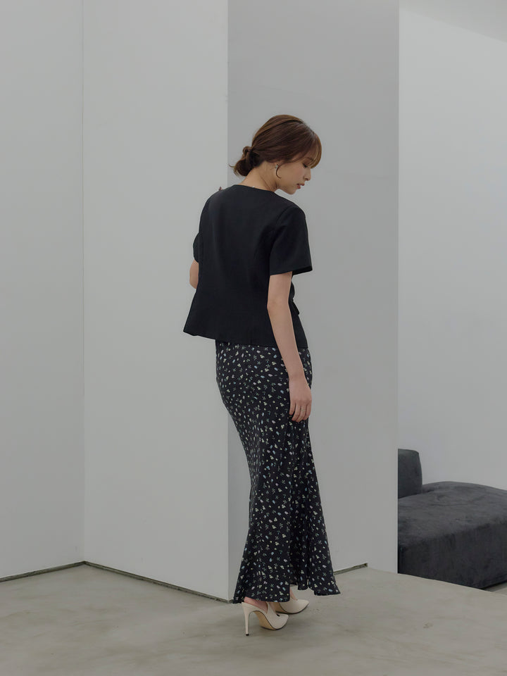 【SET】ゴールドボタンハーフスリーブジャケット+【Essential】Wrap design satin mermaid skirt(2set)