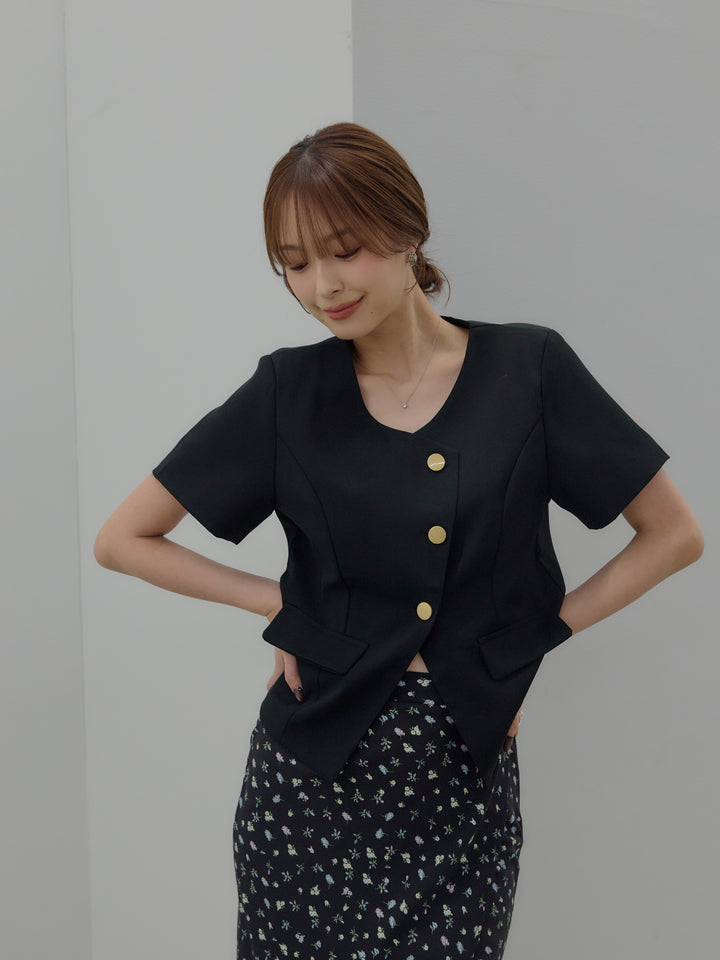 【SET】ゴールドボタンハーフスリーブジャケット+【Essential】Wrap design satin mermaid skirt(2set)