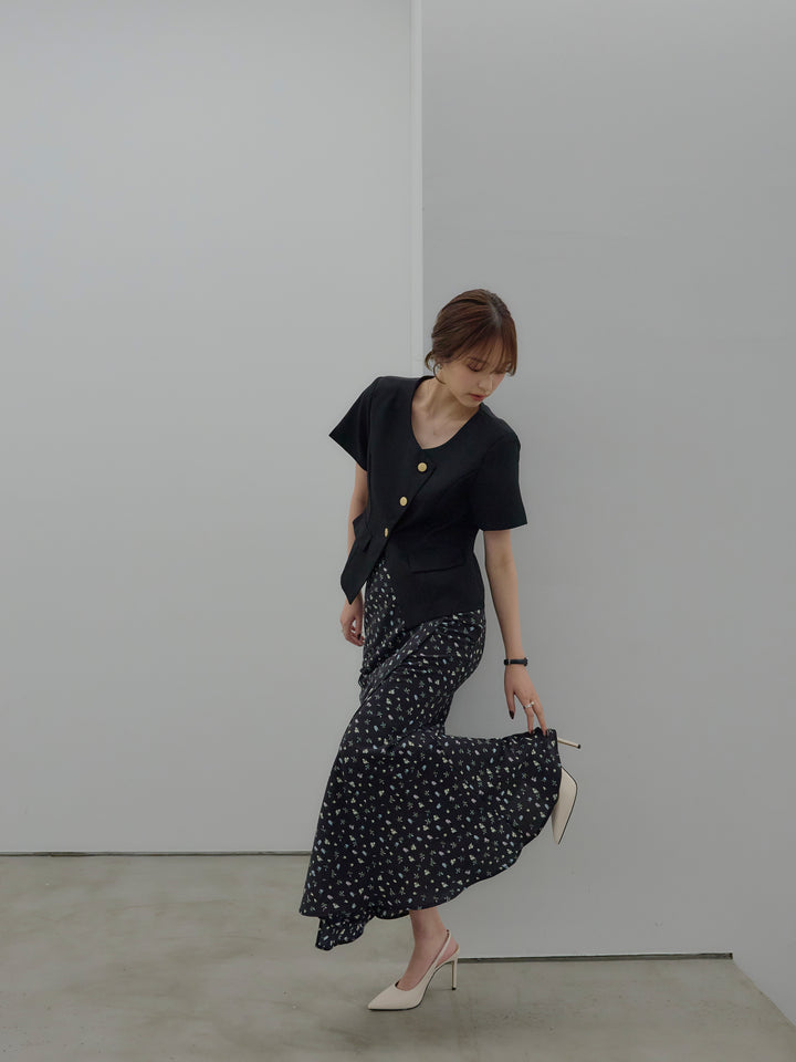 【SET】ゴールドボタンハーフスリーブジャケット+【Essential】Wrap design satin mermaid skirt(2set)