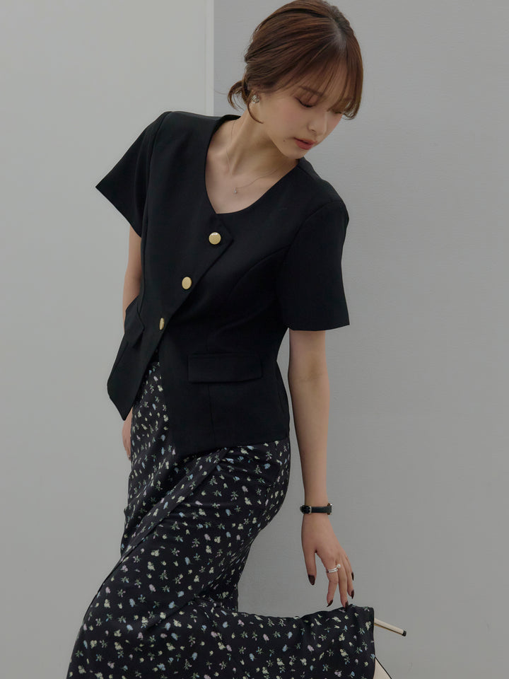 【SET】ゴールドボタンハーフスリーブジャケット+【Essential】Wrap design satin mermaid skirt(2set)