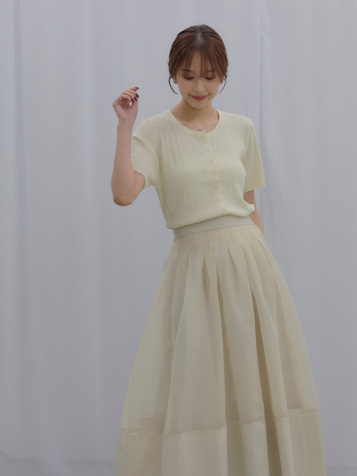 【SET】ケーブル編みハーフニットカーディガン+オーガンジー×タフタコクーンスカート(2set)