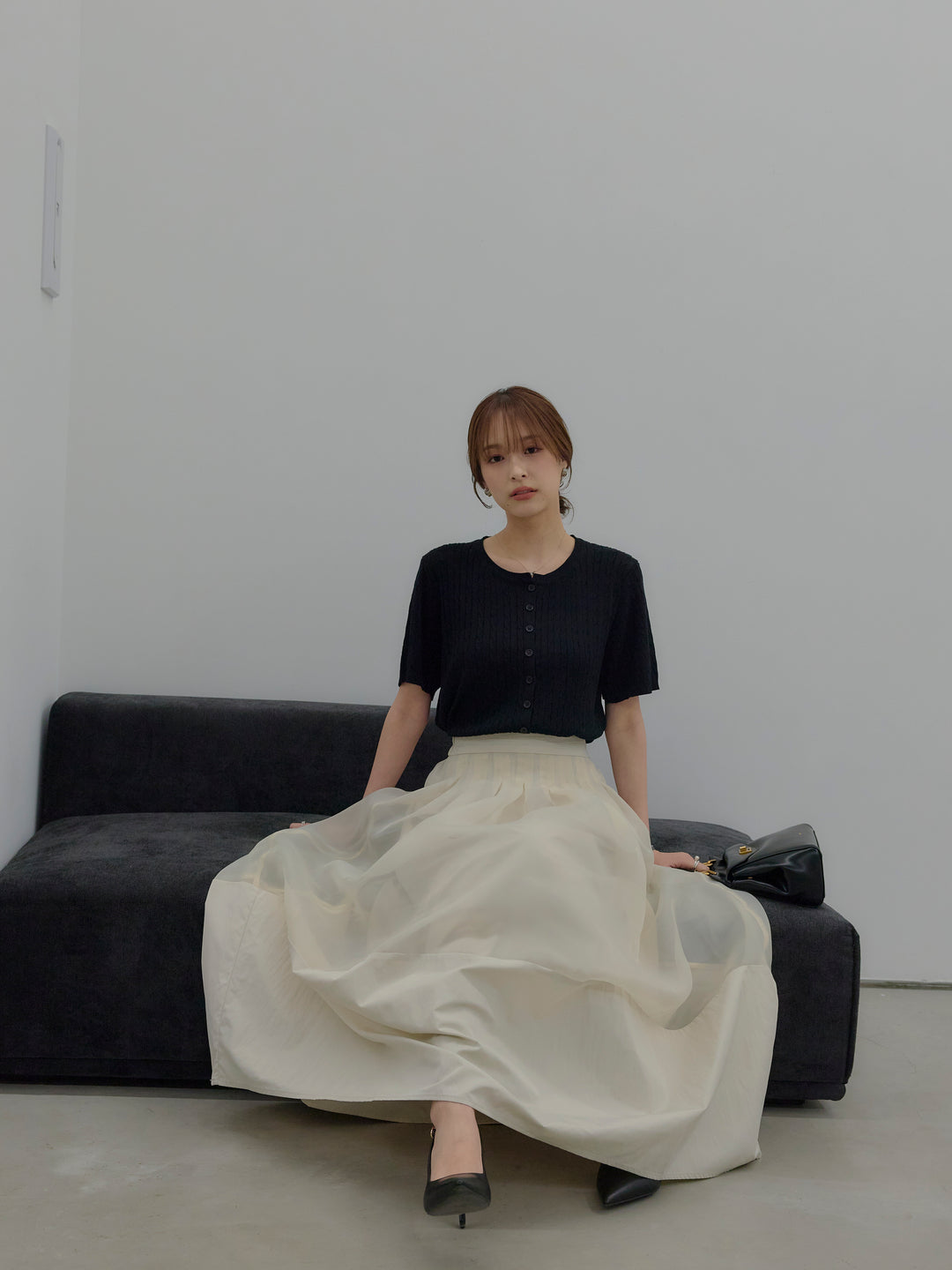 【SET】ケーブル編みハーフニットカーディガン+オーガンジー×タフタコクーンスカート(2set)