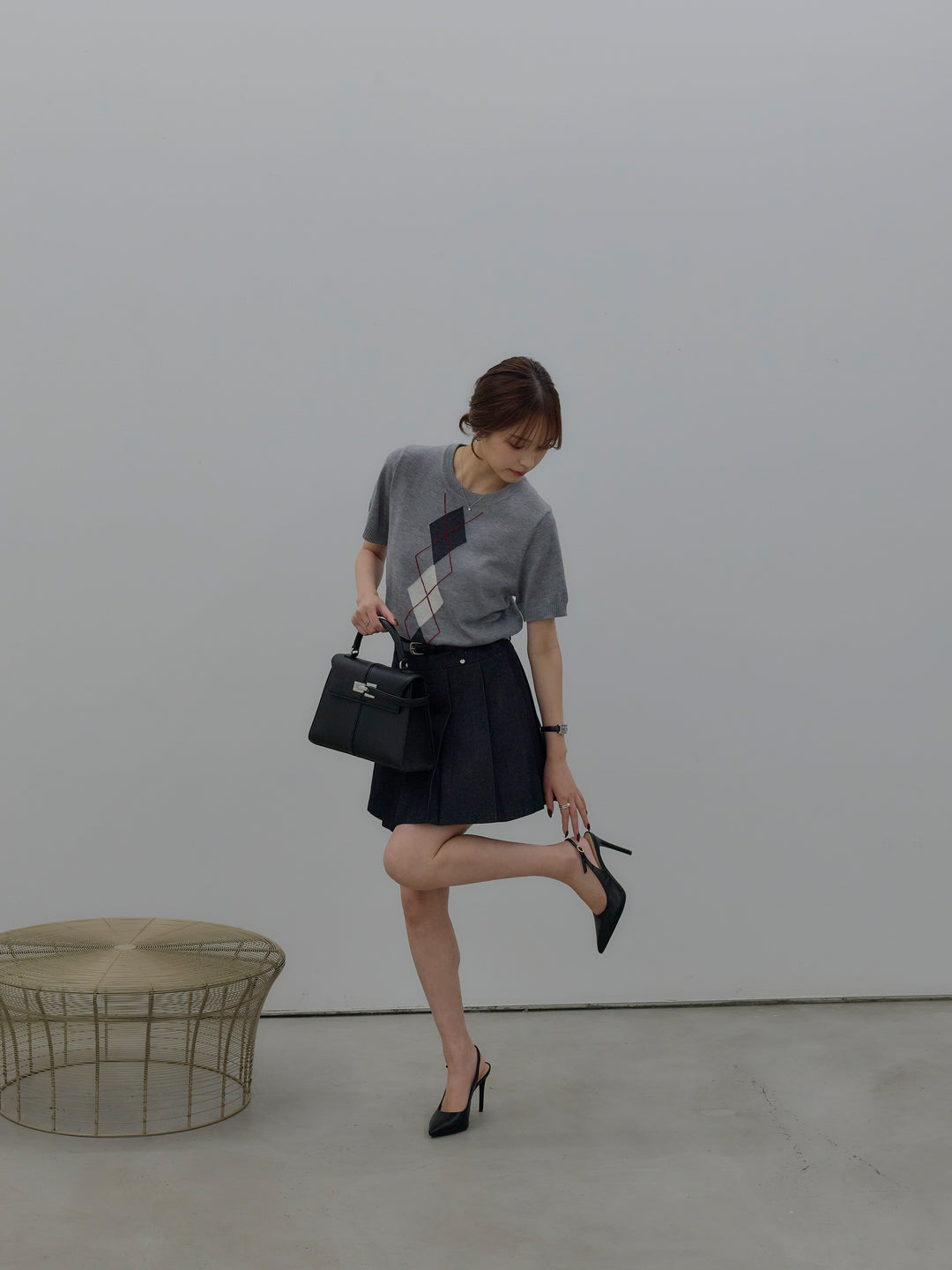 アーガイル柄ハーフニットトップス