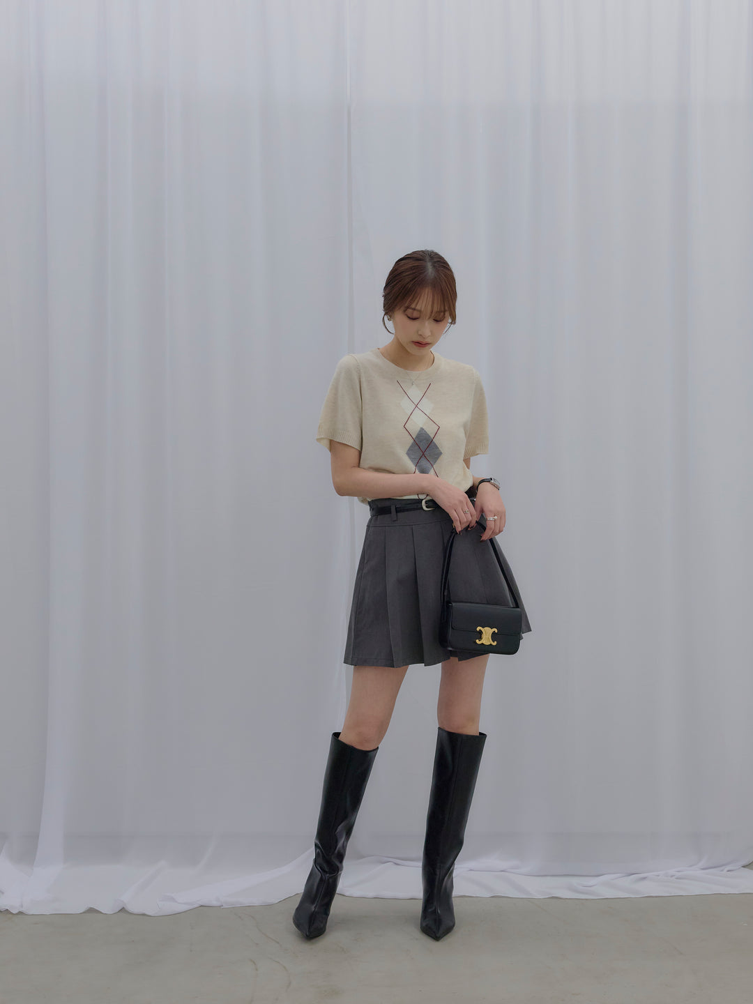 【SET】アーガイル柄ハーフニットトップス+プリーツミニスカート(ベルト/インパン付き)(2set)