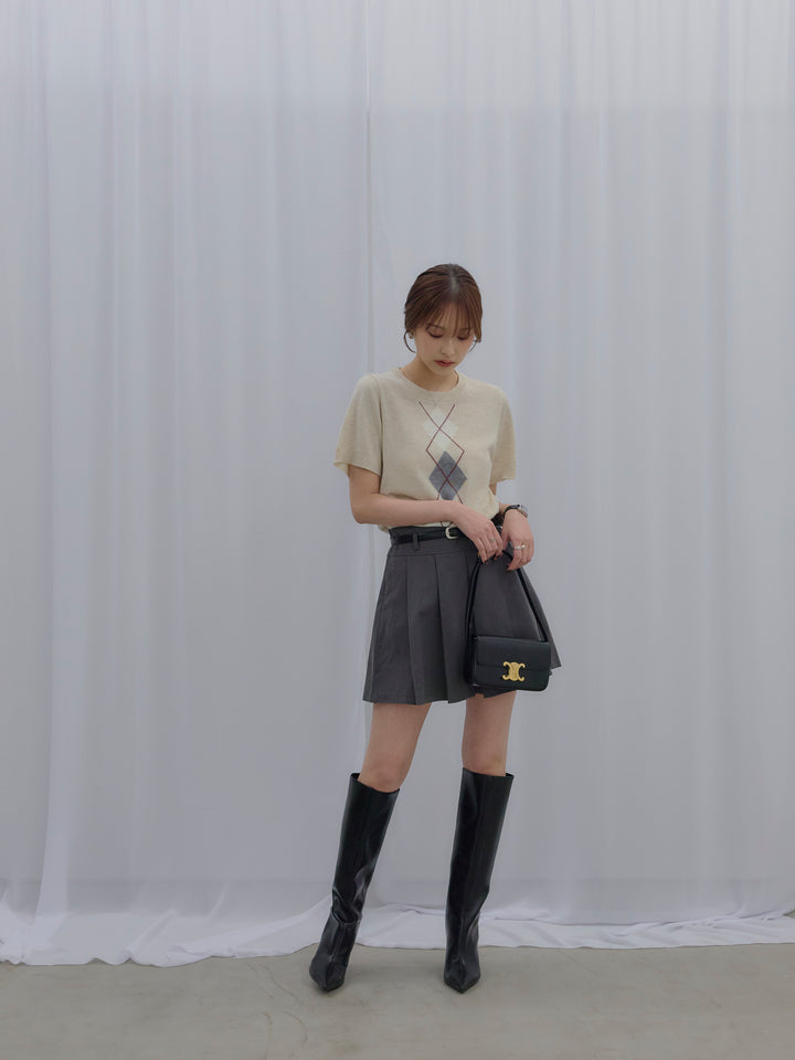 【SET】アーガイル柄ハーフニットトップス+プリーツミニスカート(ベルト/インパン付き)(2set)