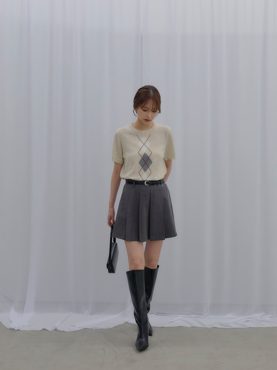 アーガイル柄ハーフニットトップス