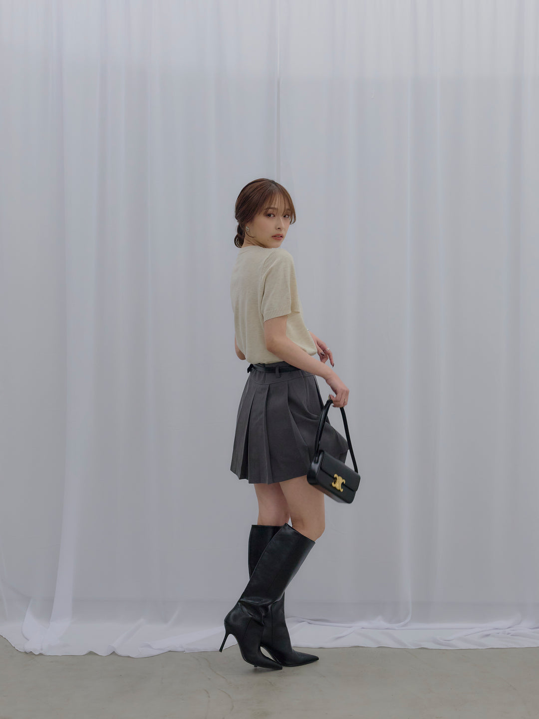 【SET】アーガイル柄ハーフニットトップス+プリーツミニスカート(ベルト/インパン付き)(2set)