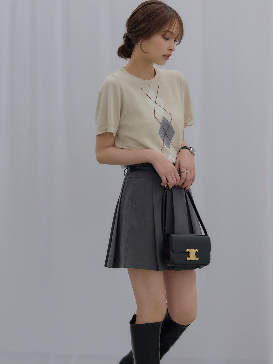 アーガイル柄ハーフニットトップス