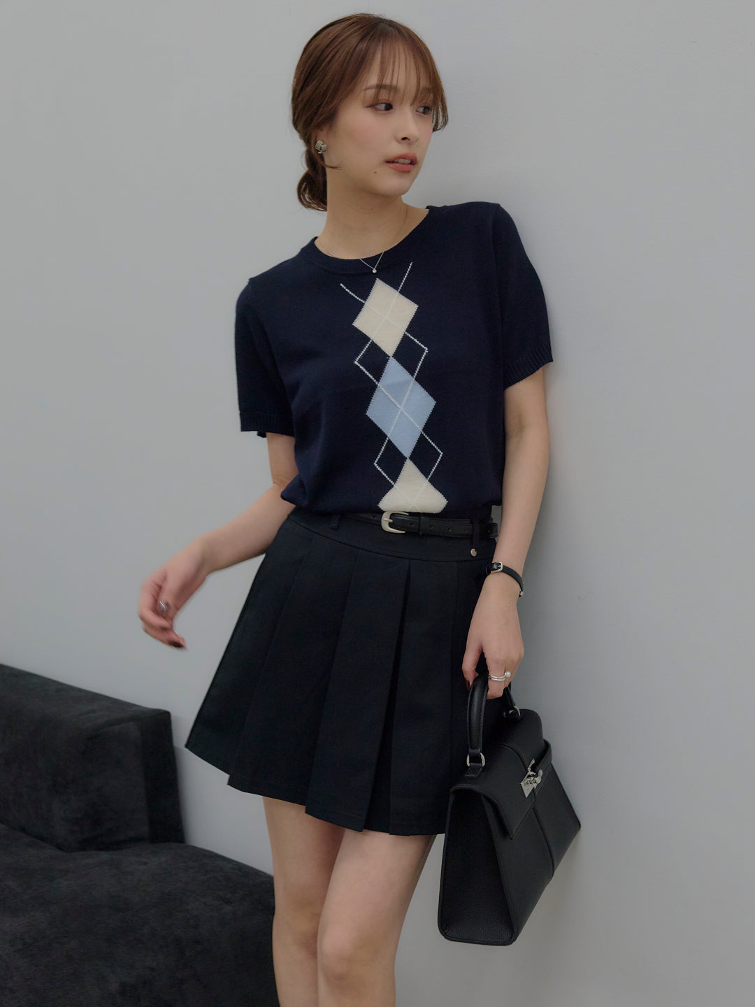アーガイル柄ハーフニットトップス