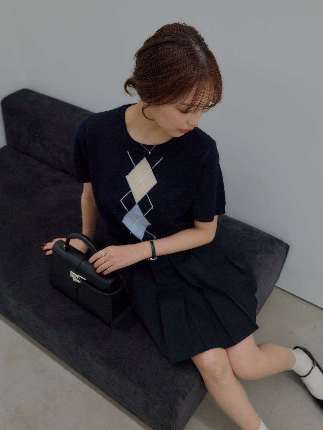 アーガイル柄ハーフニットトップス