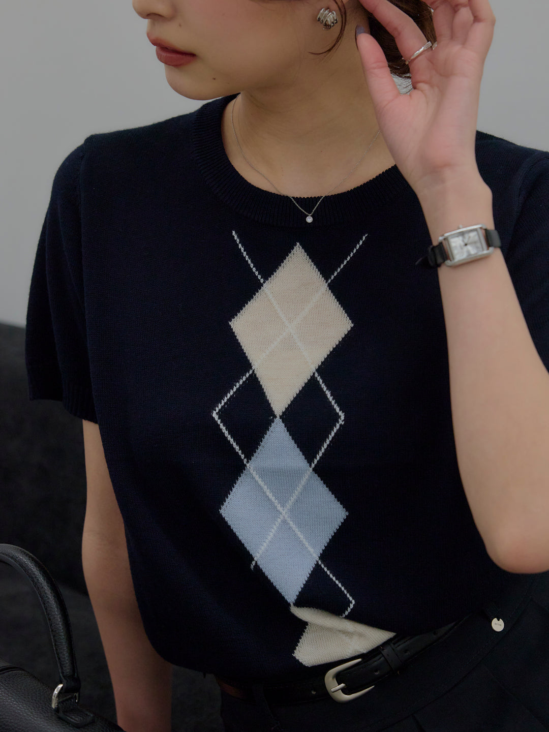 アーガイル柄ハーフニットトップス
