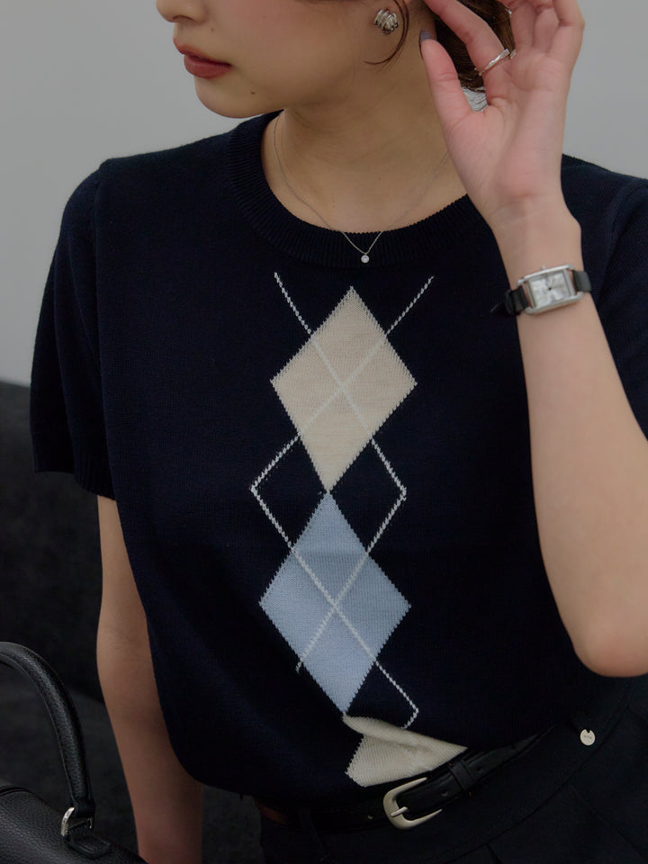アーガイル柄ハーフニットトップス