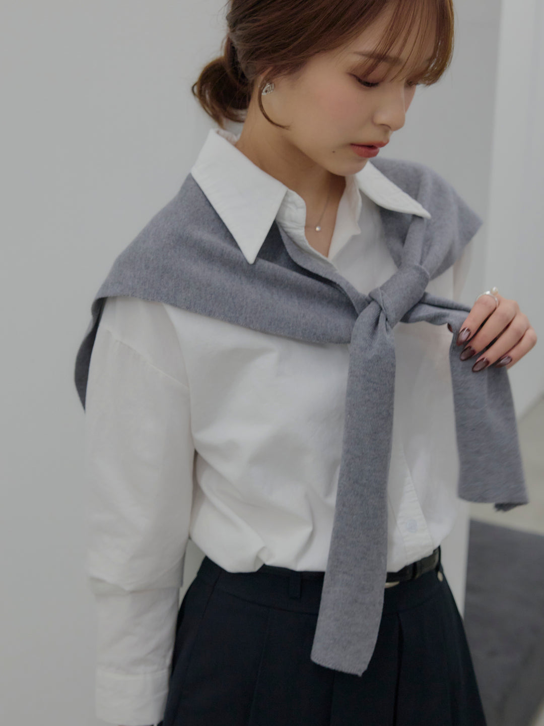 【SET】ニットスカーフ&シワ加工ミドルオンスシャツSET+プリーツミニスカート(ベルト/インパン付き)(2set)