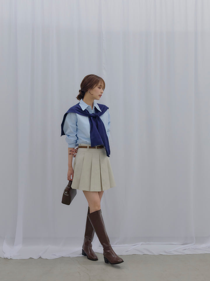 【SET】ニットスカーフ&シワ加工ミドルオンスシャツSET+プリーツミニスカート(ベルト/インパン付き)(2set)