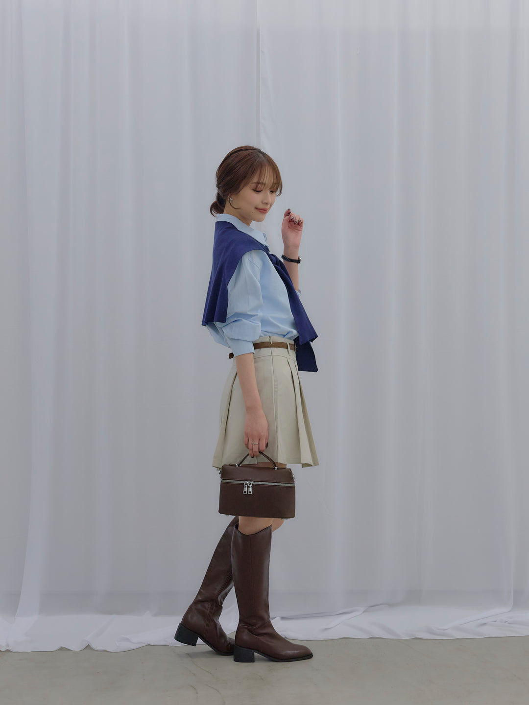 【SET】ニットスカーフ&シワ加工ミドルオンスシャツSET+プリーツミニスカート(ベルト/インパン付き)(2set)