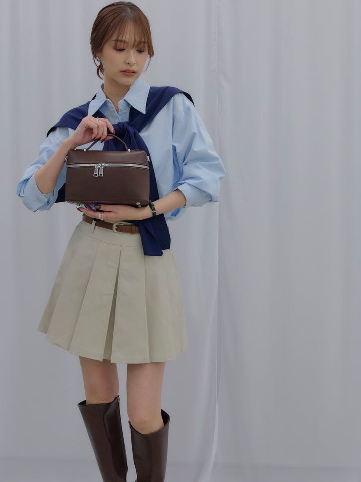 【SET】ニットスカーフ&シワ加工ミドルオンスシャツSET+プリーツミニスカート(ベルト/インパン付き)(2set)
