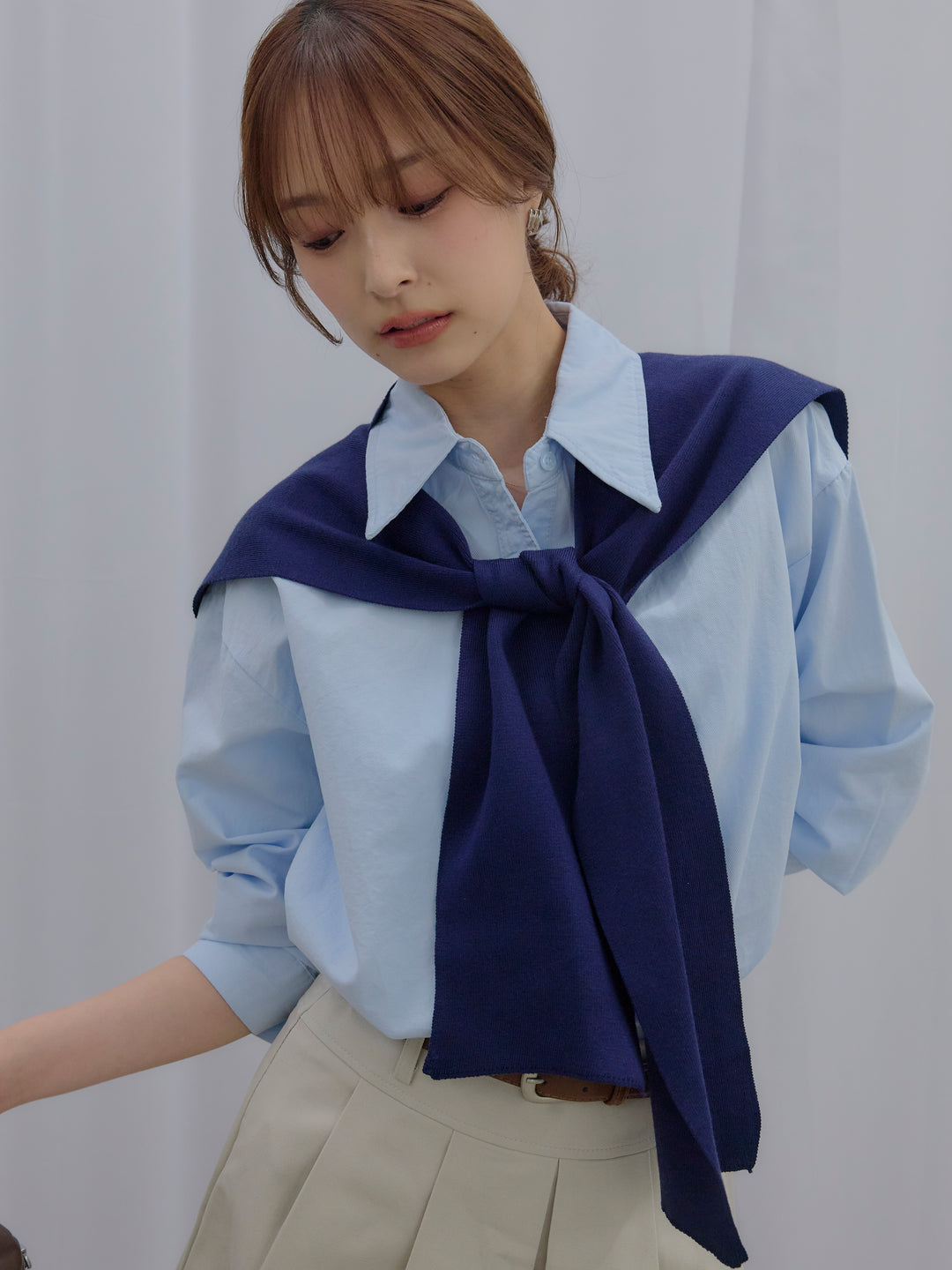 【SET】ニットスカーフ&シワ加工ミドルオンスシャツSET+プリーツミニスカート(ベルト/インパン付き)(2set)