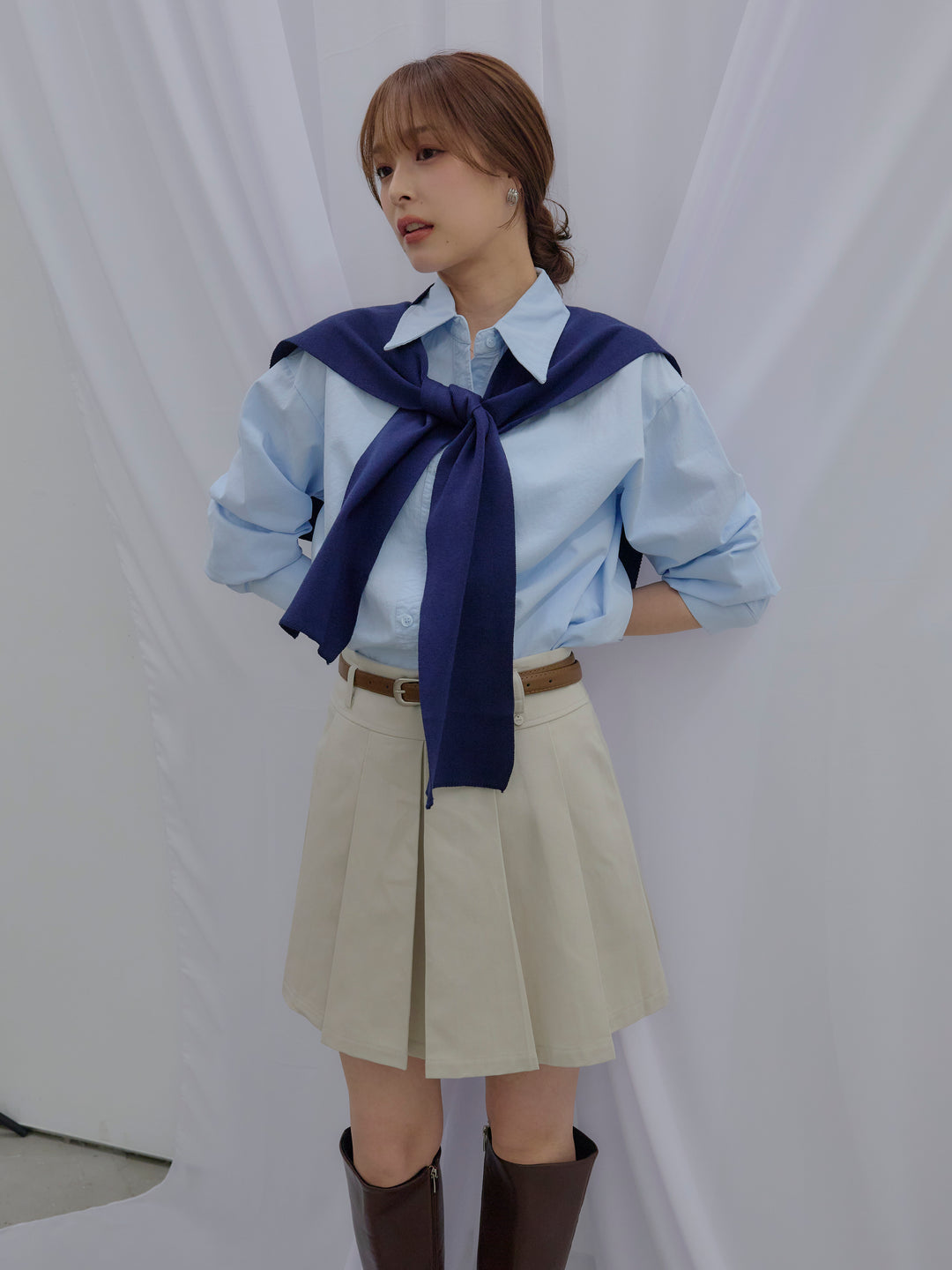 【SET】ニットスカーフ&シワ加工ミドルオンスシャツSET+プリーツミニスカート(ベルト/インパン付き)(2set)