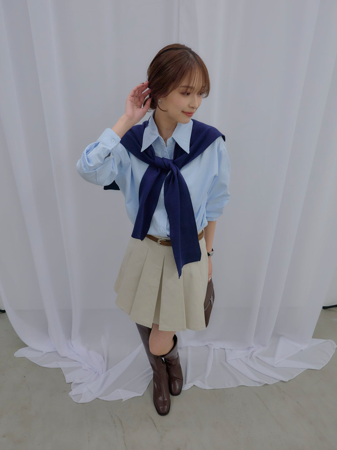 【SET】ニットスカーフ&シワ加工ミドルオンスシャツSET+プリーツミニスカート(ベルト/インパン付き)(2set)