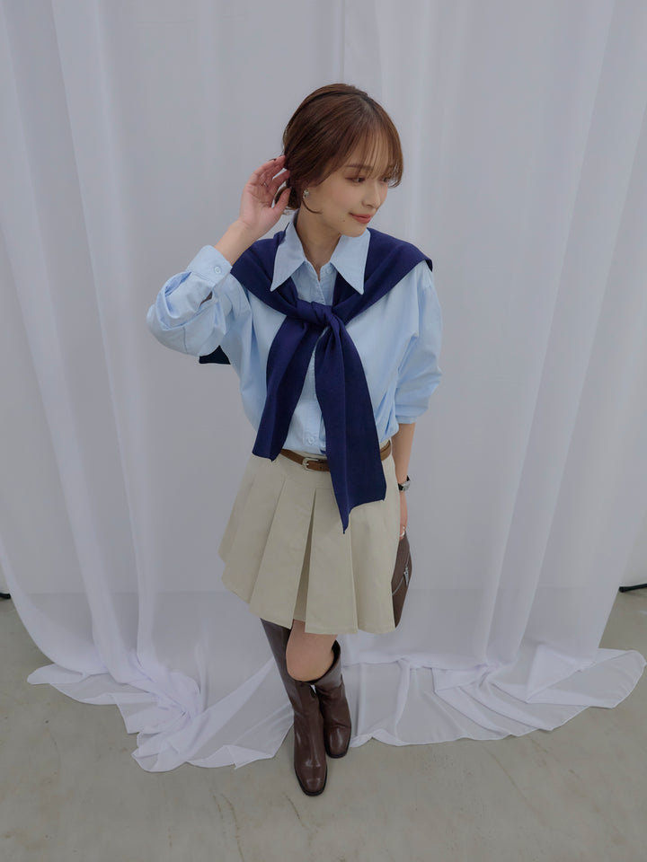 【SET】ニットスカーフ&シワ加工ミドルオンスシャツSET+プリーツミニスカート(ベルト/インパン付き)(2set)