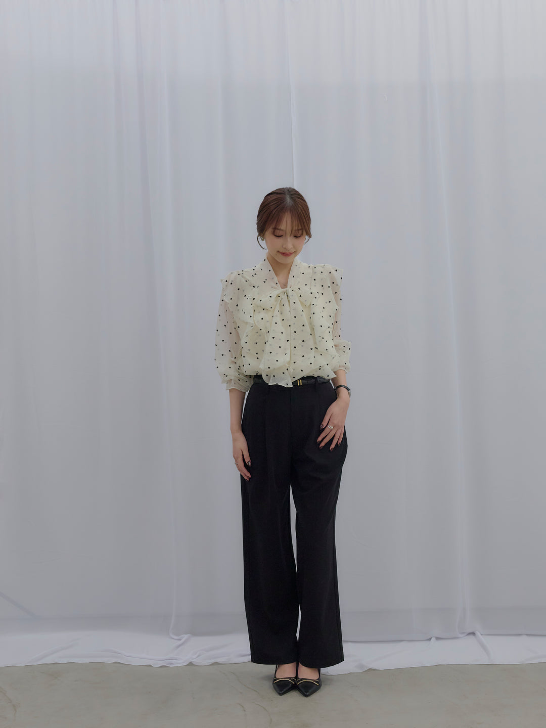 【SET】ボウタイフリルアソートブラウス+【Essential】Authentic straight pants(2set)