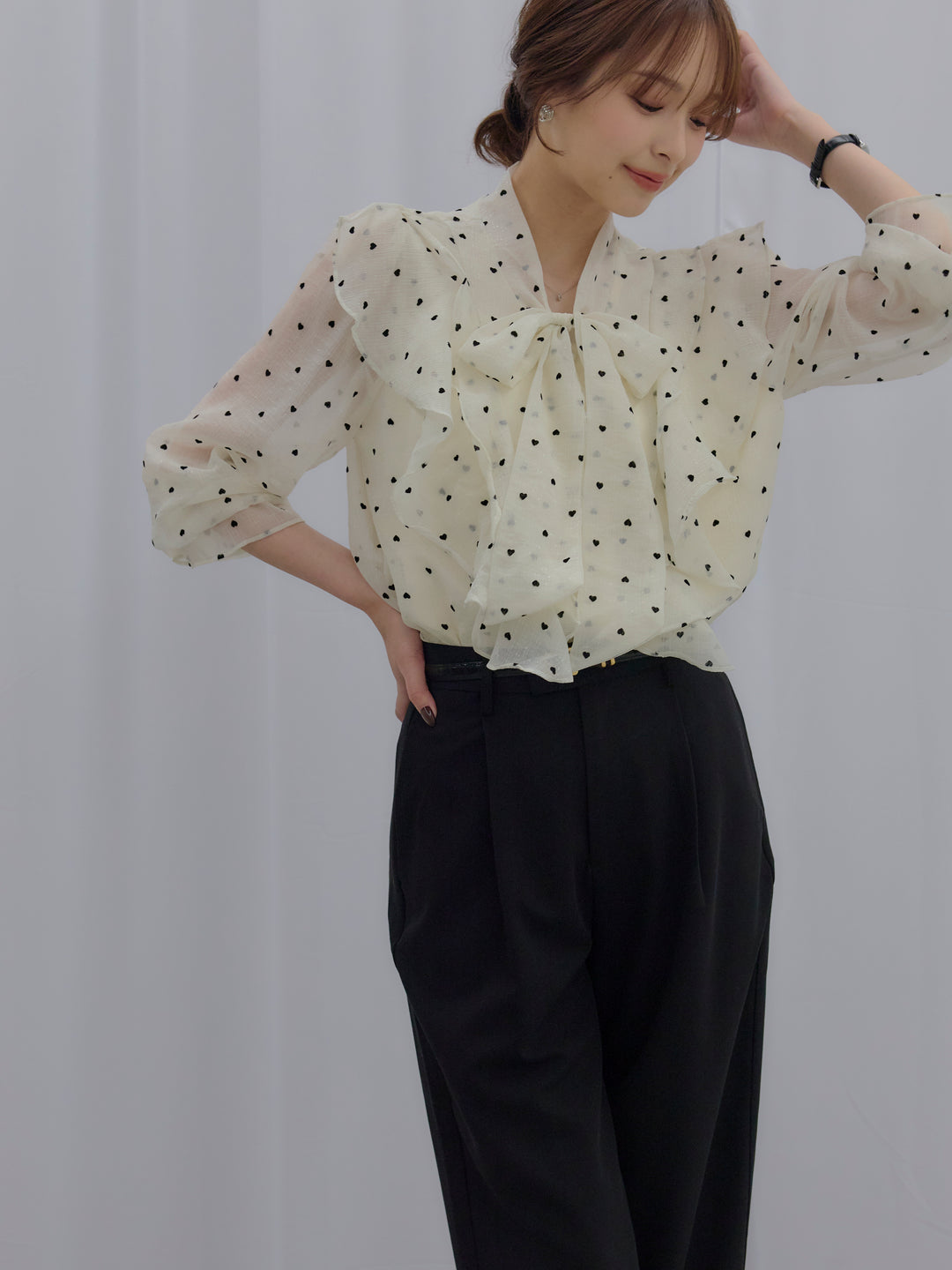 【SET】ボウタイフリルアソートブラウス+【Essential】Authentic straight pants(2set)