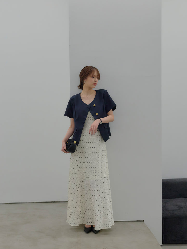 【SET】ゴールドボタンハーフスリーブジャケット+【Essential】Back open satin camisole dress(2set)