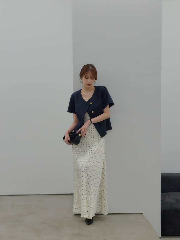 【SET】ゴールドボタンハーフスリーブジャケット+【Essential】Back open satin camisole dress(2set)