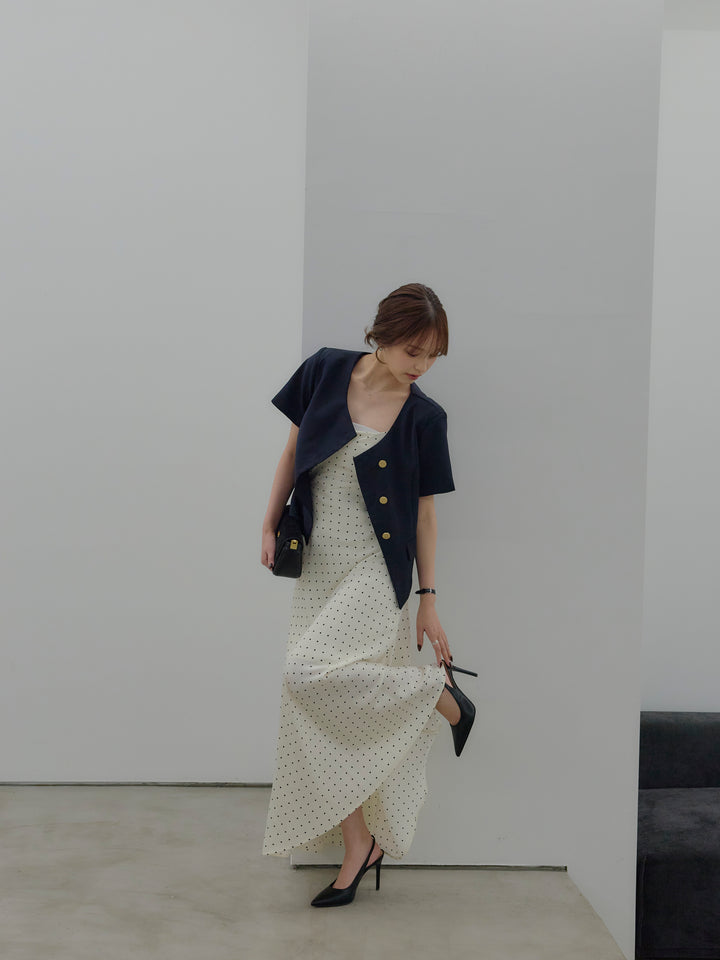 【SET】ゴールドボタンハーフスリーブジャケット+【Essential】Back open satin camisole dress(2set)