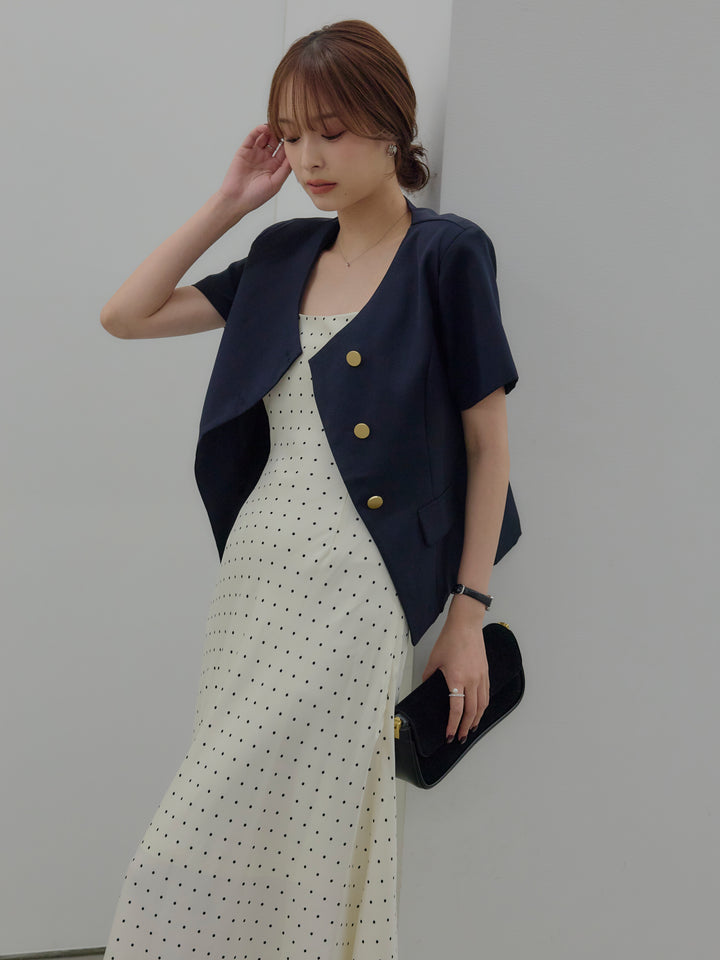 【SET】ゴールドボタンハーフスリーブジャケット+【Essential】Back open satin camisole dress(2set)