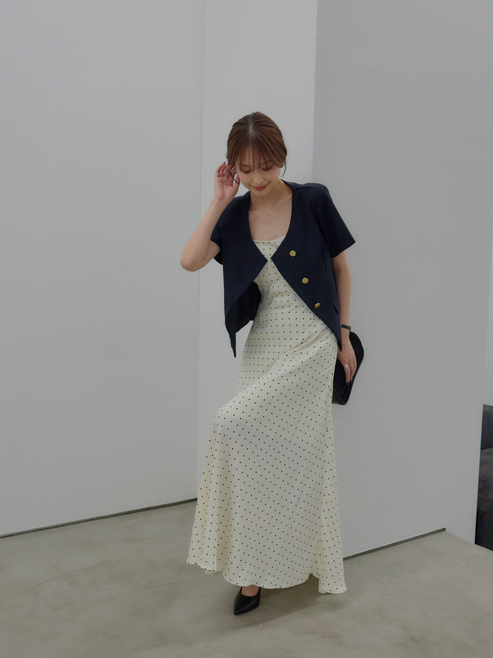【SET】ゴールドボタンハーフスリーブジャケット+【Essential】Back open satin camisole dress(2set)