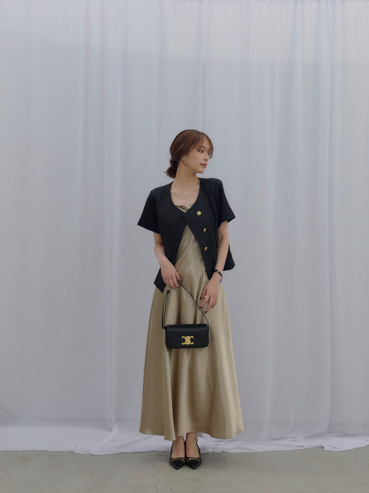 【SET】ゴールドボタンハーフスリーブジャケット+【Essential】Back open satin camisole dress(2set)