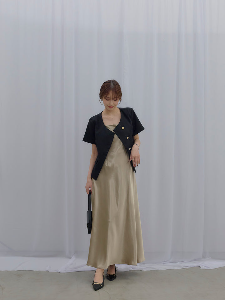 【SET】ゴールドボタンハーフスリーブジャケット+【Essential】Back open satin camisole dress(2set)