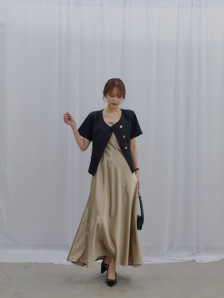 【SET】ゴールドボタンハーフスリーブジャケット+【Essential】Back open satin camisole dress(2set)