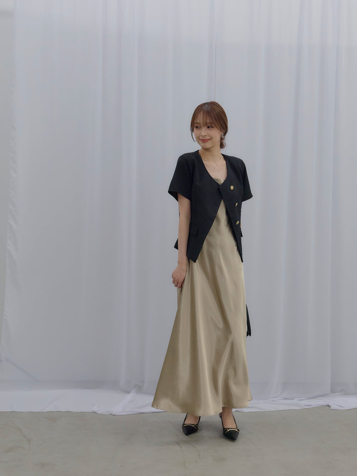 【SET】ゴールドボタンハーフスリーブジャケット+【Essential】Back open satin camisole dress(2set)