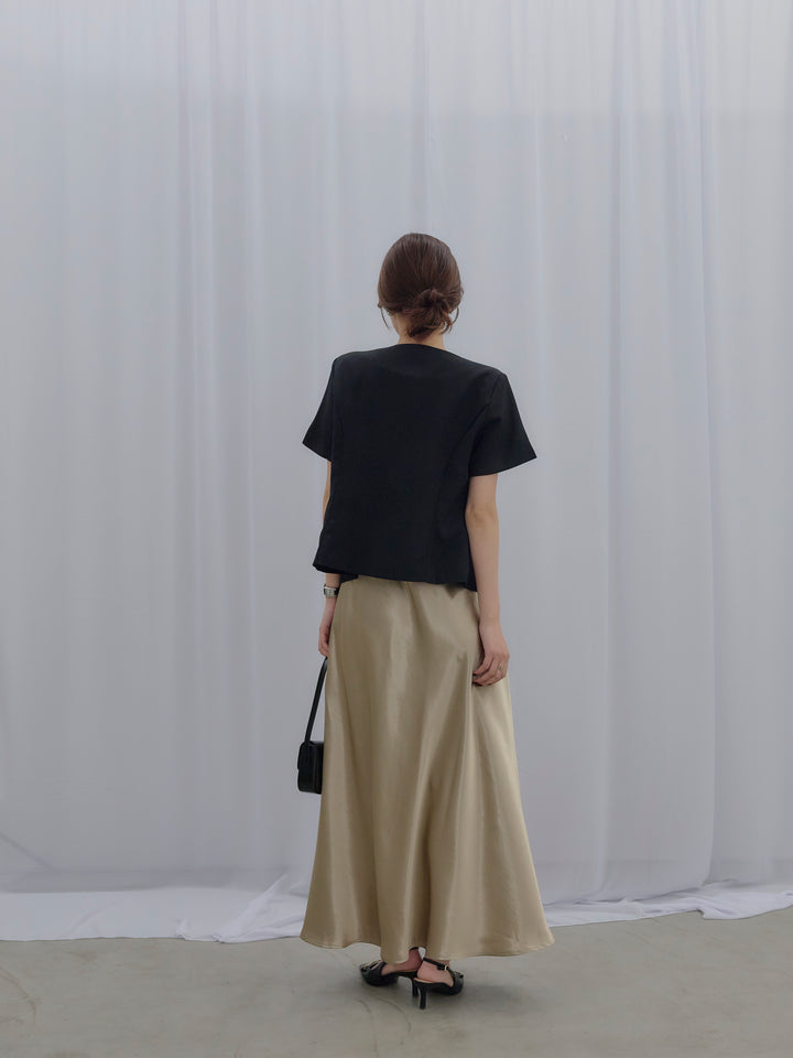 【SET】ゴールドボタンハーフスリーブジャケット+【Essential】Back open satin camisole dress(2set)